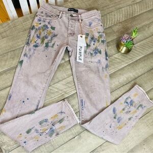 Purple Skinny Jeans with Colorful Paint Splatter Design